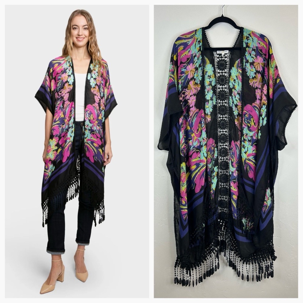 Boho Whimsigoth Black Fringe Floral Kimono Cover Up Cardigan Size L Crotchet